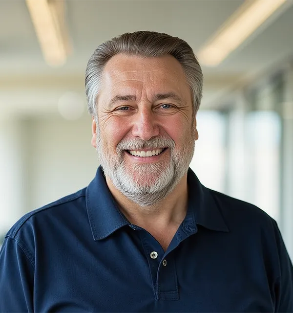 Smiling older man with a beard wearing a navy polo shirt, standing indoors with blurred background.